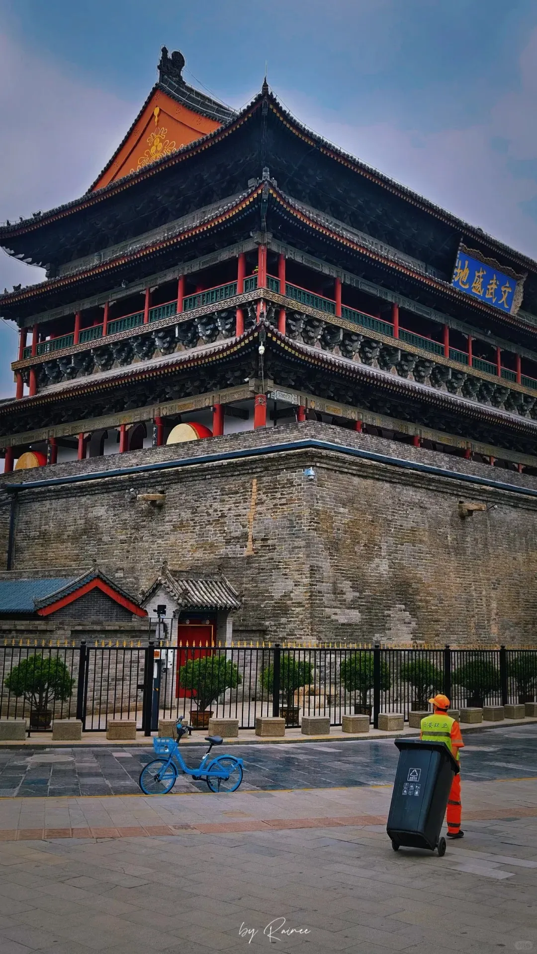 Xi'an Bell Tower illuminated at dusk
